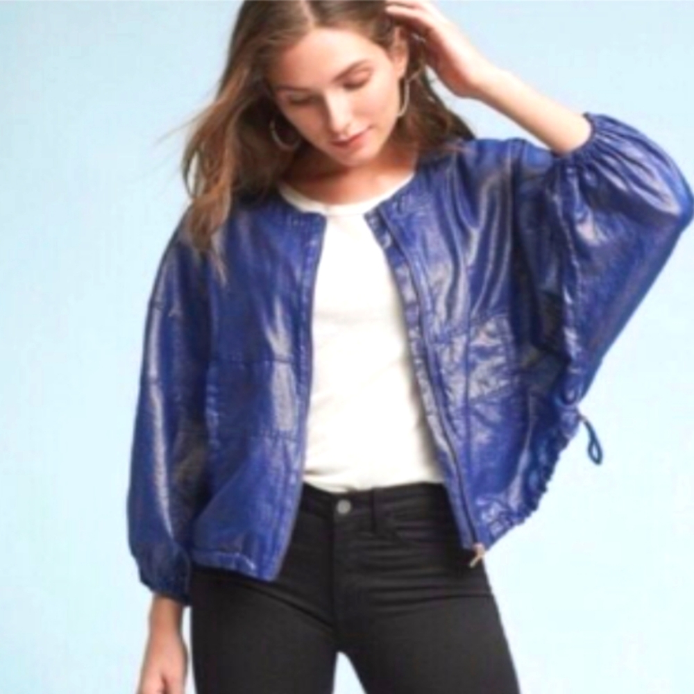 Anthropology Elevenses blue metallic bomber jacket. Size M/L.